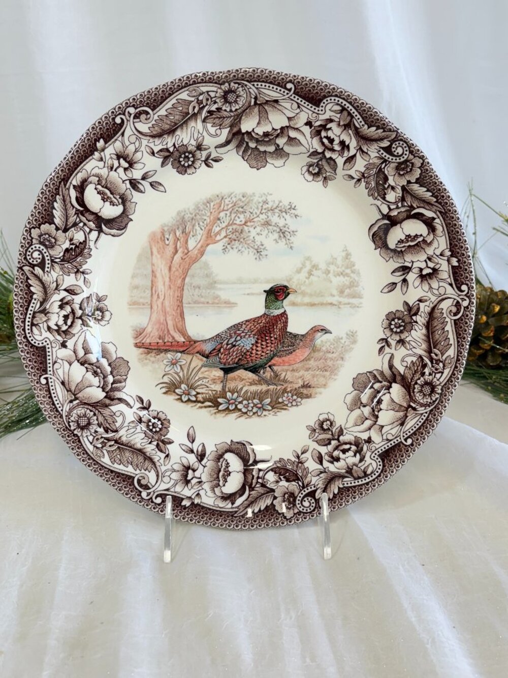 LEGEND British Heritage Thanksgiving Pheasant Floral Border Dinner Plates Set 4